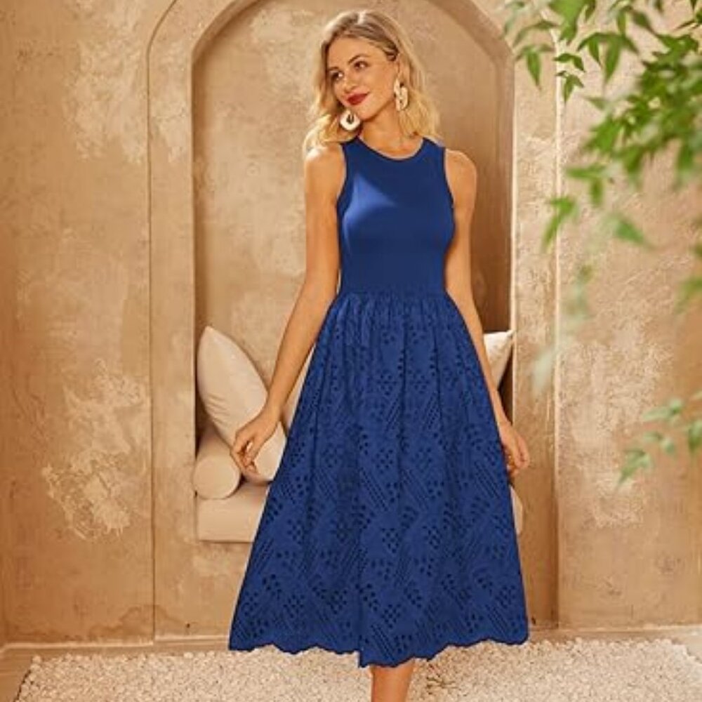 Grace Karin Royal Blue Sleeveless Lace Midi Dress